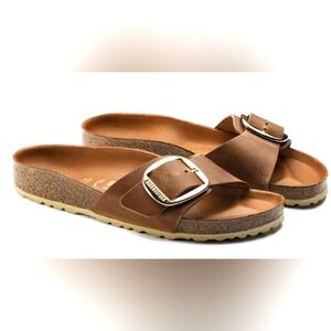 Birkenstock - Madrid big buckle leather Cognac slide footbed sandals Size 38